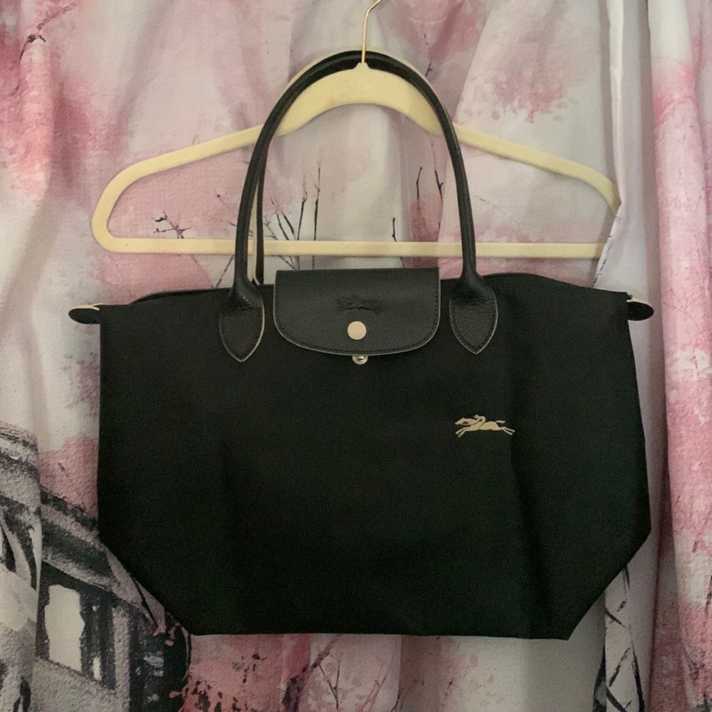 NWOT Longchamp Black Le Pliage Club Small Nylon Long Handle Tote